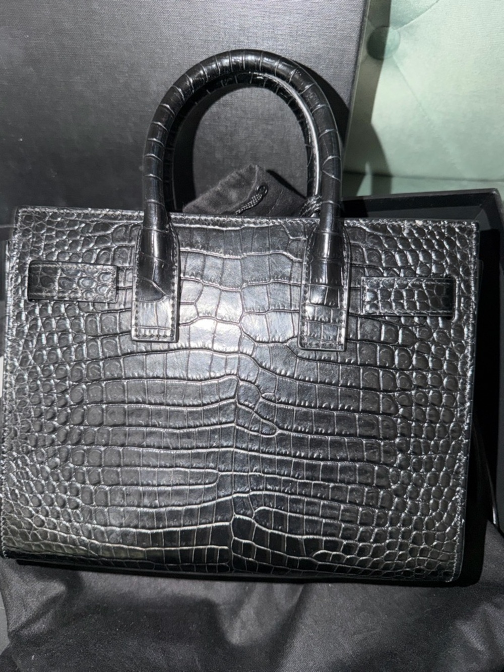 Authentic Saint Laurent Black Croc-Embossed Leather Top Handle Satchel - Picture 4 of 14